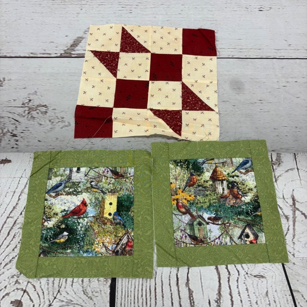Vintage Quilt Squares Set of 3 Red Star and Green Bird Nature Blocks 10in